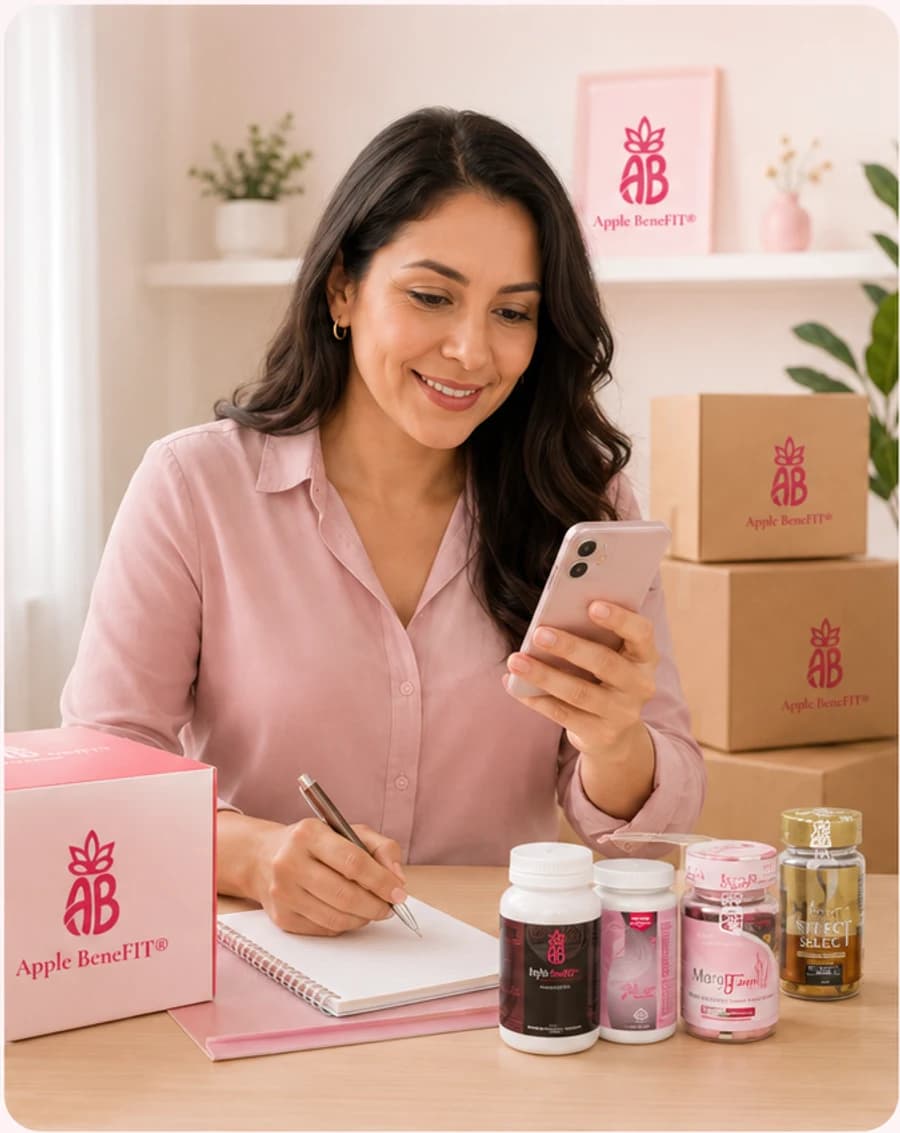 Distribuidora de Apple BeneFIT revisando pedidos desde casa con su teléfono